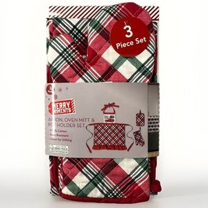Merry Moments 3 Piece Kitchen Set Holiday Plaid Ruffle Apron Potholder Oven Mitt
